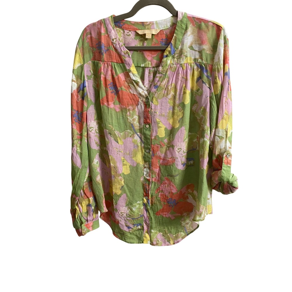 Hope & Harlow Women Floral Watercolor Button Down Roll Tab Sleeve Blouse Green L